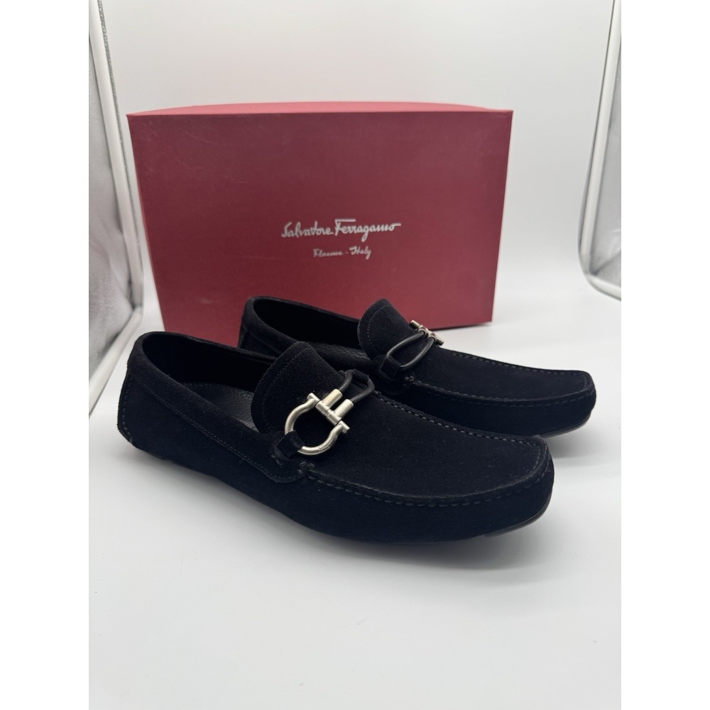 Salvatore‎ Ferragamo Black Suede Gancini Bit Loafers Men 7.5 D Italy Dress Shoes